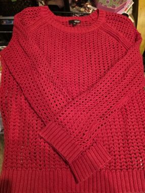 a.n.a Red Open-Knit Crewneck Sweater